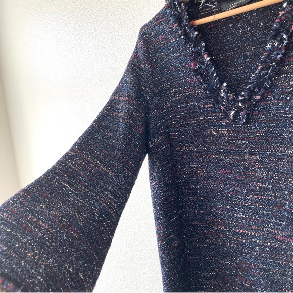 Zara Tweed Fringe Black Tunic Dress Small Bell Sleeves Deep V Neck Stich Colors - Picture 10 of 14